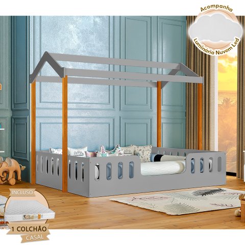 Cama com Colchão D28 Montessoriana Casal Infantil Ágatha Cinza e Amêndoa Incluso Luminária