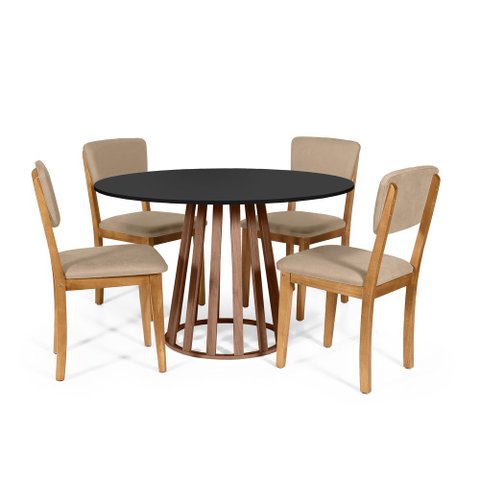 Mesa de Jantar Redonda Gabi Pret/nor com 4 Cadeiras Estofadas Ella Bege