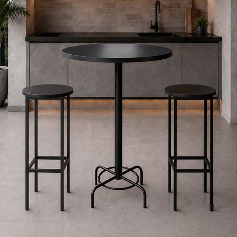 Conjunto Mesa Bistrô Alabama com 2 Banquetas Alta Kassel Cor Preto - Kmj