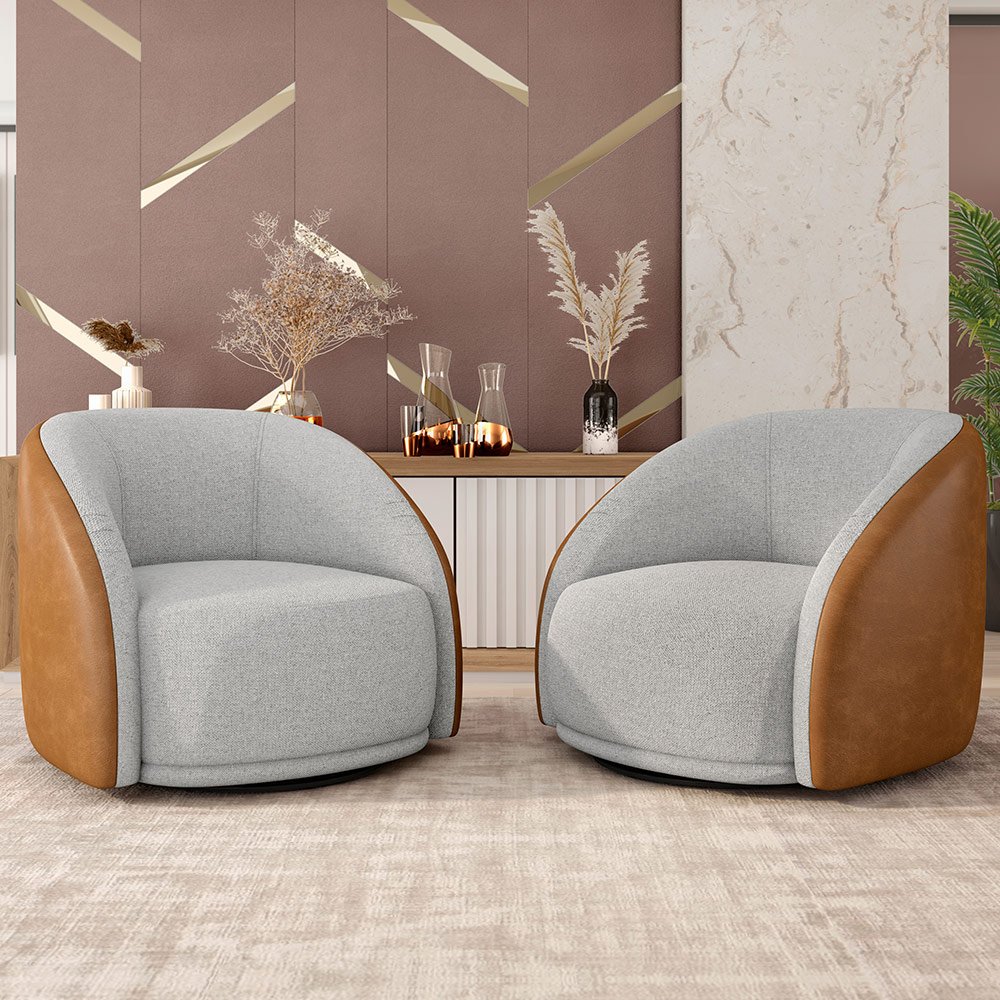 Kit 02 Poltronas Decorativas Giratória Angelina M03 Couríssimo Whisky Linho Cinza - Lyam Decor - 2