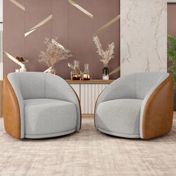 Kit 02 Poltronas Decorativas Giratória Angelina M03 Couríssimo Whisky Linho Cinza - Lyam Decor - 2