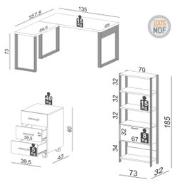 Kit Mesa Escritório em L com Gaveteiro + Estante 1 Porta Mdf - 3