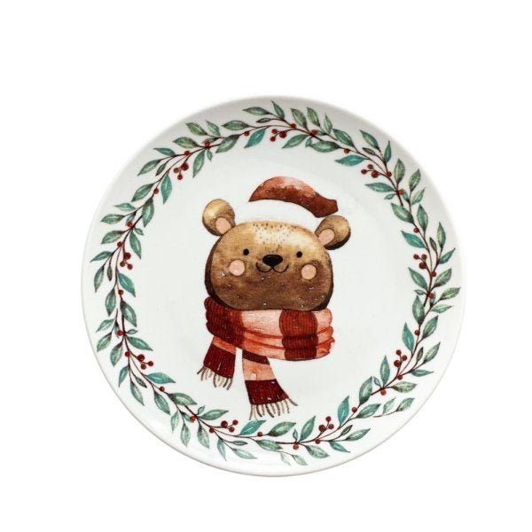 Prato Sobremesa em Porcelana Estampa Urso de Natal 21cm