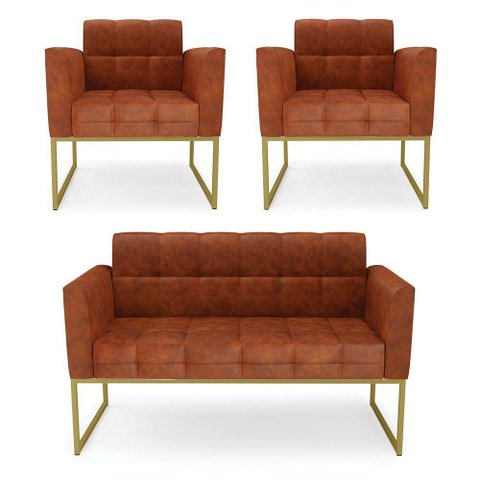 Kit 1 Sofá Namoradeira e 2 Poltronas Elisa Corano Base Metálica Industrial Dourado - D'Rossi Cor