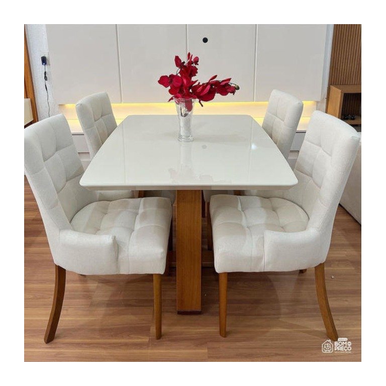Sala de Jantar com Vidro 4 Cadeiras 1,20x0,90m - Hera Royal - Requinte Salas