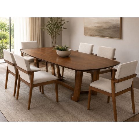 Conjunto Sala de Jantar Gemini 220x110 Madeira Maciça com 6 Cadeiras Estofadas Made Wood