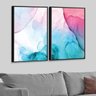 Kit 2 Telas Canvas com Moldura Textura Abstrata em Mármore Rosa e Azul Preto - Médio - 1
