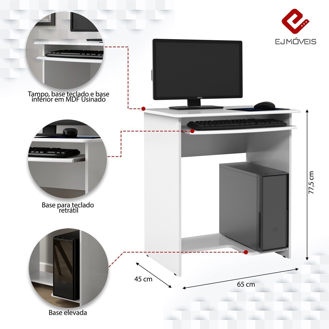 Mesa de Computador Prática com Suporte Deslizante para Teclado - EJ Móveis #: Branco - 3