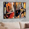 Kit 2 Telas Canvas com Moldura Pintura Abstrata tons de Laranja Preto - Grande - 1