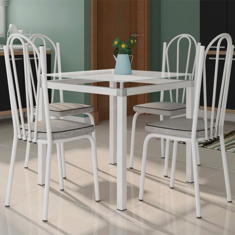 Conjunto Mesa de Jantar Tubular com 4 Cadeiras Malva Tampo Vidro 75cm Branco 121 Assento Grafiato Ci