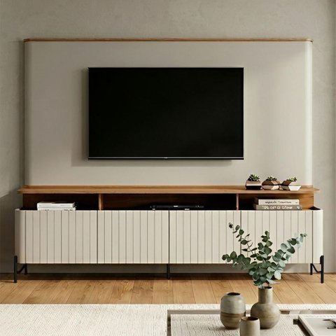 Rack com Painel para TV Bend 220cm MDF Portas Brise Louro e Luna com Preto Casa Lar Shop