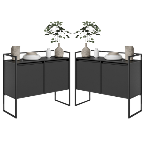 Conjunto Buffet Aparador Industrial 2 Portas Preto