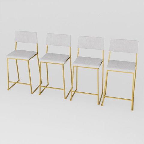 Kit 4 Banquetas Alta Balcão Estofada com Encosto Dourada Linho Dubai