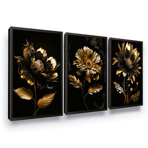 Quadros Decorativos Flor Dourado e Preto Moderno Grande