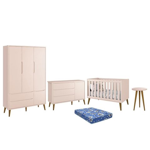Dormitório Infantil Theo Retrô 3 Portas, Cômoda 1 Porta, Berço, Mesa de Apoio Rosa com Pés Amadeirad