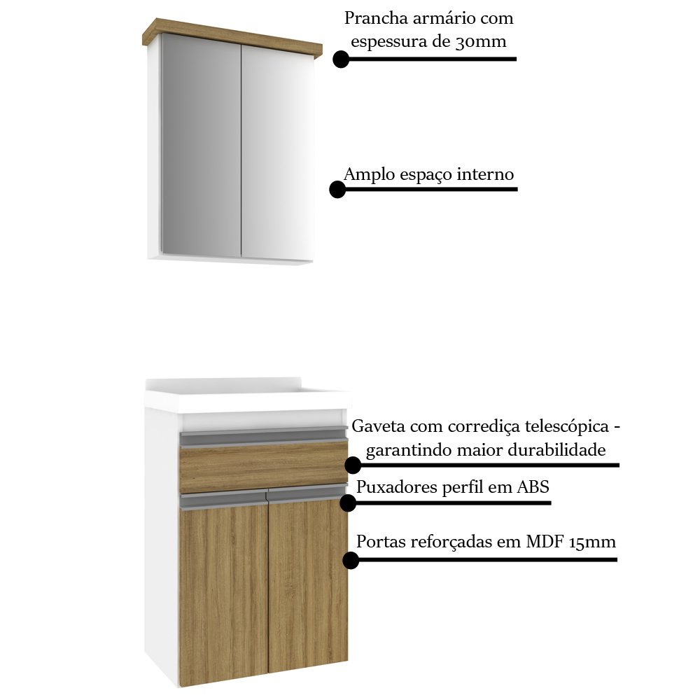 Gabinete para Banheiro 50cm com Lavatório e Armário Cewal Branco/mel - 3