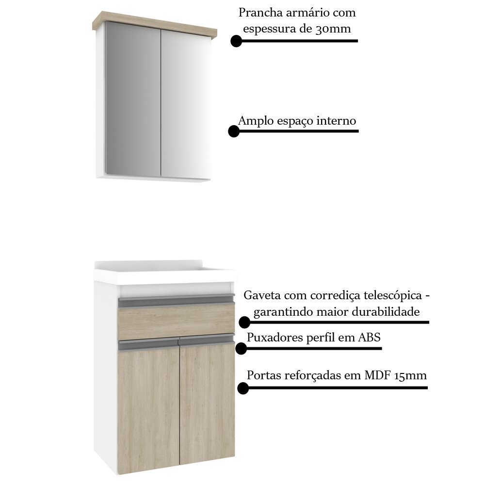 Gabinete para Banheiro 50cm com Lavatório e Armário Cewal Branco/Patina - 3