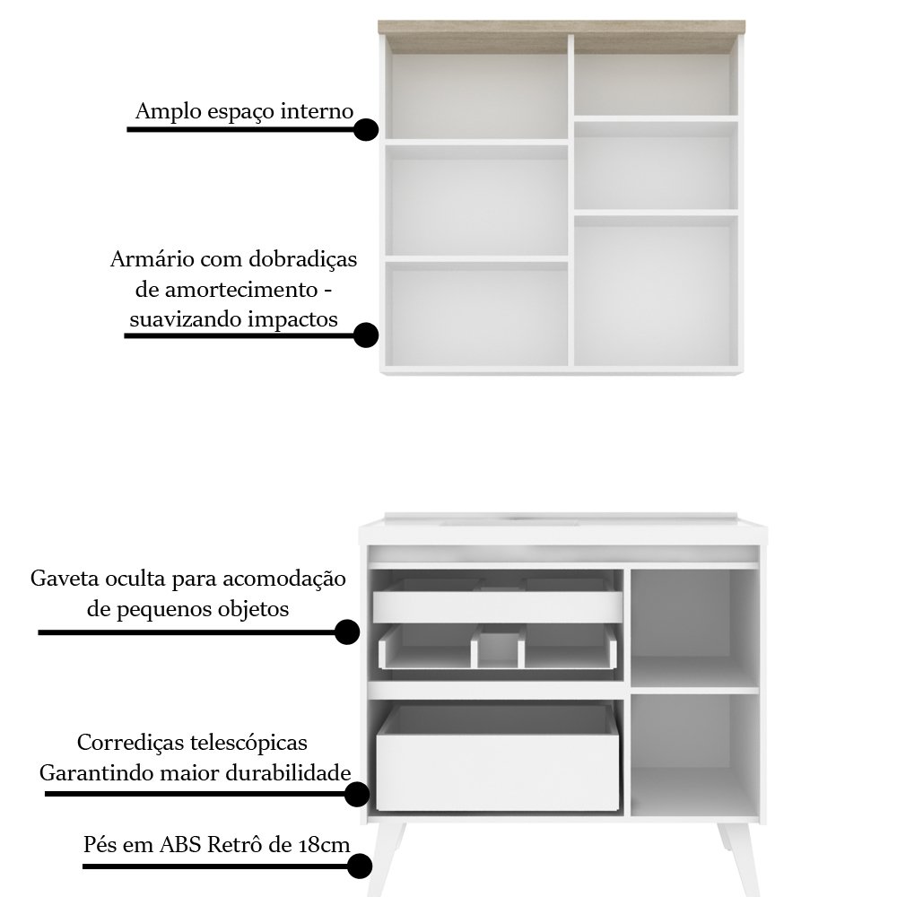 Gabinete para Banheiro 90cm com Lavatório e Armário Cewal Branco/patina - 3