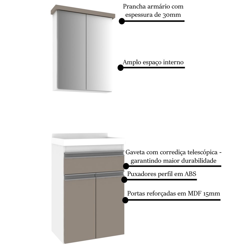 Gabinete para Banheiro 50cm com Lavatório e Armário Cewal Branco/Gianduia - 3