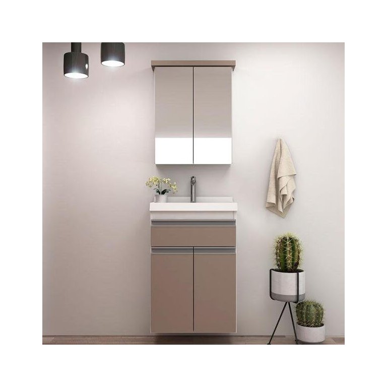 Gabinete para Banheiro 50cm com Lavatório e Armário Cewal Branco/Gianduia