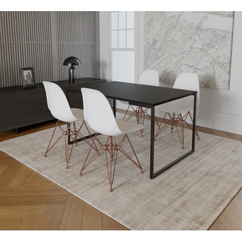 Mesa Industrial Base Ferro Preto Tampo 137x90 Preto 4 Cadeiras Eames Ferro Cobre Assento Branco