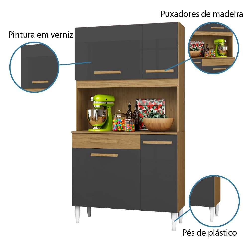 Armário de Cozinha Compacta 4 Portas 1 Gaveta Grafite/Castanho Aramóveis 3306 168x91x38 - 4