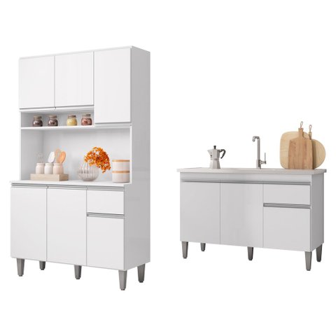 Balcão Analu 3 Portas + Kit Mara 105cm 6 Portas 1 Gaveta Branco - Bela Móveis