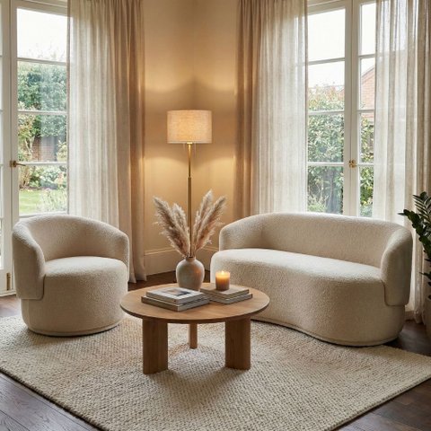 Conjunto Poltrona Namoradeira Decorativa Sala Estar Orgânica Beatriz Boucle Bege  - Montanaris Decor