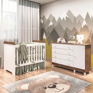 Quarto de Bebê Taís Berço 3 em 1 Gabrielle Cômoda Infantil 4 Gavetas com Porta Branco Amadeirado