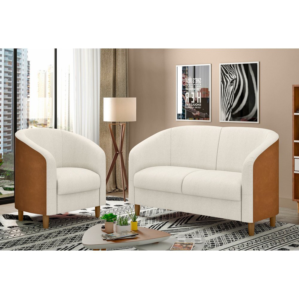 Sofá 2 Lugares 120cm Dolar Pu Caramelo | Bouclé Suave Off White - Sallar Home - 2