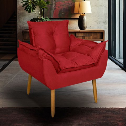 Poltrona Opala para Sala Clínica Salão Pés de Madeira Suede Vermelho