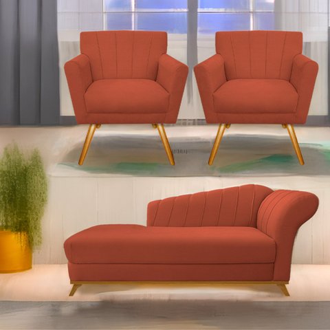Kit Diva Recamier Vanessa 140cm Lado Esquerdo e 02 Poltronas Laura Suede - Doce Sonho Móveis RECAMIE