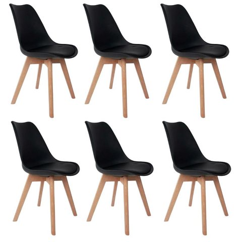 Kit 6 Cadeiras de Jantar Saarinen Leda Tulipa Base Wood Madeira Maciça com Estofado em Couro Preto