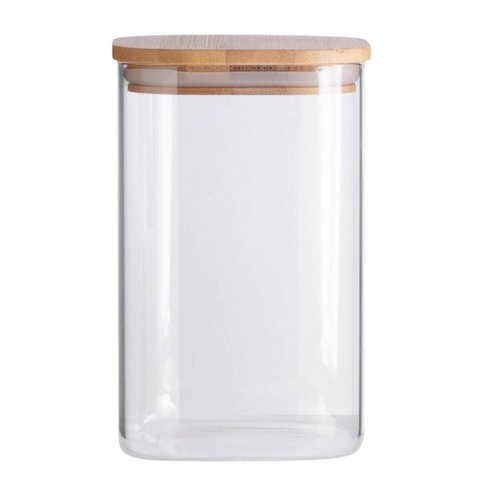 Pote de Vidro Hermético 1100ml Tampa Bambu Quadrado Oikos Borea para Mantimentos Condimentos