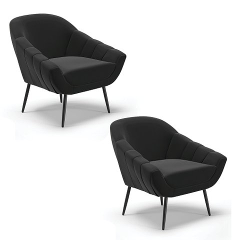 Kit 2 Poltronas Giovana Suede Preto Pés Palito de Ferro - D'Rossi