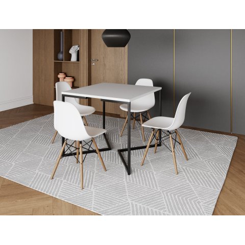 Mesa Industrial Base Ferro Preto em V Tampo 90x90 Branco 4 Cadeiras Eames Madeira Assento Branco