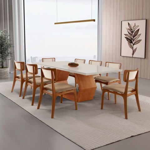 Sala de Jantar Mesa Ane 220cm Tampo Laqueado com Vidro Canto Moeda com 8 Cad Viena
