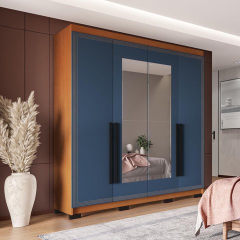 Roupeiro Solteiro Valência 4 Portas com Espelho 161x214cm Freijó/Azul 240851