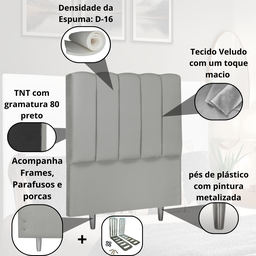 Cabeceira Solteiro Estofada 90cm Carla Veludo com Frames Cinza Claro - 4