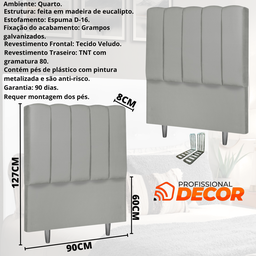 Cabeceira Solteiro Estofada 90cm Carla Veludo com Frames Cinza Claro - 3