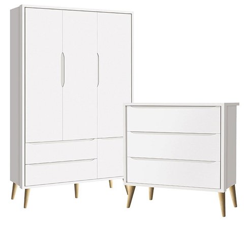 Guarda Roupa 3 Portas e Cômoda 3 Gav Theo Branco Fosco Pés Madeira Natural - Reller Móveis