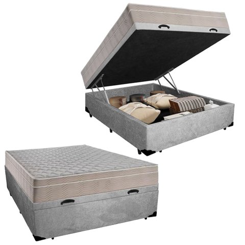 Cama Box Baú Casal Suede + Colchão Sereneprime Molas Ensacadas 138x188x69 Cinza