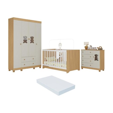 Quarto de Bebê Completo Berço Americano 3 em 1 Colchão Fofura Multimóveis Mp4661 Madeirado/off