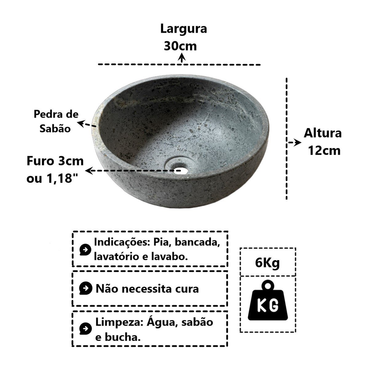 Cuba Bojo Pedra de Sabão Pia Bancada Lavabo Lavatório 30cm Industria São Jose AF1003INDSJ - 3