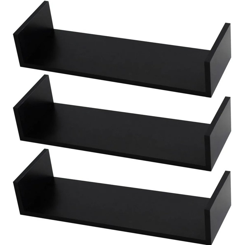 Kit 3 Prateleiras U Mdf 65x20cm Preto Nicho Livros Revista