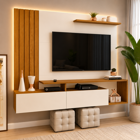 Painel TV 65 Kiara Casa 812 MDP 1,94m Moderno Ripado 2 Portas Sala de Estar TV