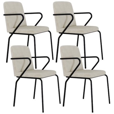 Kit 04 Cadeiras Estofada para Sala de Jantar com Braço Loft Preto C01 Bouclê Vanilla - Lyam Decor
