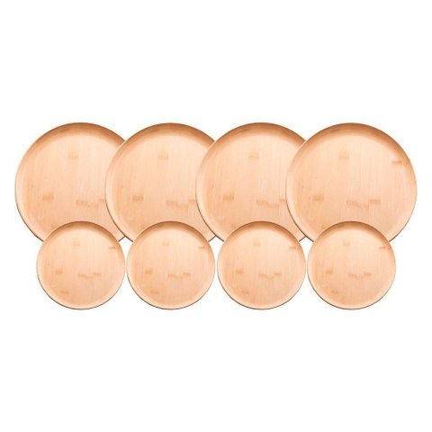 Jogo 4 Prato Raso e 4 Sobremesa Bambu Natural Pratinho Madeira Lyor 27cm