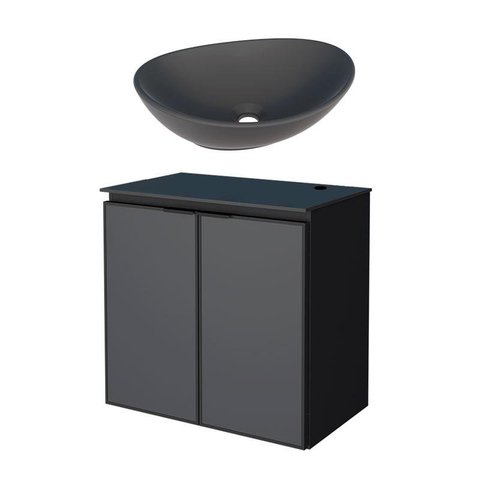 Gabinete Para Banheiro Preto Aço Umbu Tampo Vidro Com Cuba Bali Preta Cozimax