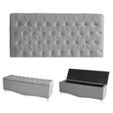 Ver imagem 1 de Kit Estrela Cabeceira de Cama Painel e Calçadeira Baú Botão Cristal King 195 Cm Suede Prata Eli Móve